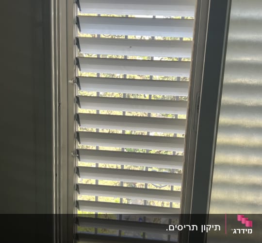 תריסים לבנים בחלון עם אור שמש מבחוץ